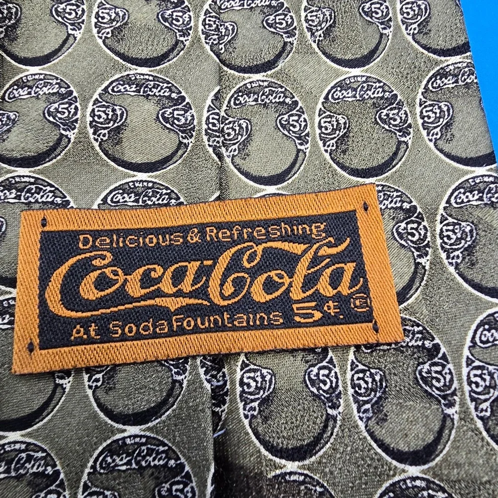 Vintage Coca-Cola Silk Tie Olive Green‎ Soda Fountain Advertising Americana 5¢